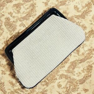 Liz Claiborne Clamshell Purse Clutch Straw Stripe Bag Tan Black Patent